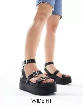 ASOS DESIGN Wide Fit – Тромбон – Черные туфли на плоской массивной платформе с застежкой-пряжкой