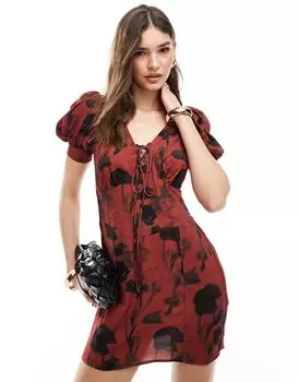 ASOS DESIGN – винтажное мини-платье на шнуровке с цветочным принтом и пышными рукавами
