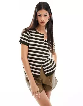 ASOS DESIGN – вязаный кардиган с короткими рукавами в полоску цвета хаки в стиле ретро