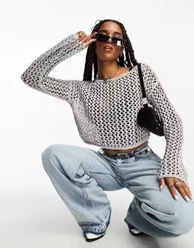 ASOS DESIGN – вязаный топ с расклешенными рукавами ажурным узором серебристого металлика