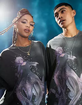 ASOS DESIGN — вымытый черный цвет с изображением унисекс «Русалочка» с лицензией Ursula и исправлением