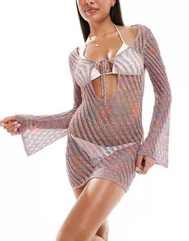 ASOS DESIGN – Яркое вязаное пляжное платье миди с длинными рукавами и завязкой спереди