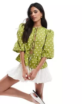 ASOS DESIGN – Зеленая блузка с белым точечным принтом из хлопкового поплина с завязками и воланами