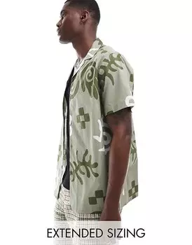 ASOS DESIGN – Зеленая рубашка свободного кроя с кубинским воротником и абстрактным узором
