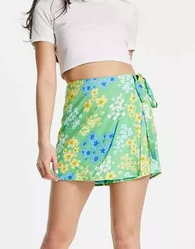 ASOS DESIGN – Зеленая юбка с запахом и луговым цветочным принтом