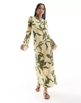 ASOS DESIGN – Зелено-кремовое платье миди из вискозы с прямым вырезом спереди и V-образным вырезом сзади с крупным цветочным узором