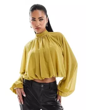 ASOS DESIGN – зелено-желтая блузка с высоким воротником в сетку и объемными рукавами