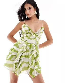 ASOS DESIGN – Зеленое платье-майка с зебровым принтом, рюшами и декоративным вырезом