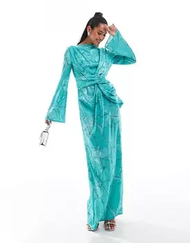 ASOS DESIGN – Зеленое платье макси с расклешенными рукавами и укороченным передом с цветочным узором