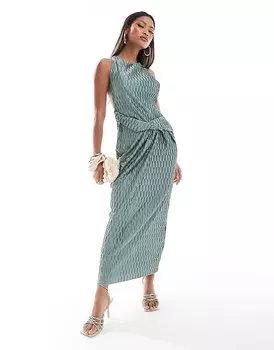 ASOS DESIGN – Зеленое плиссированное платье-миди с высоким воротником и укороченной спиной