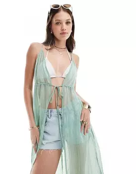 ASOS DESIGN – Зеленое пляжное кимоно с завязками спереди
