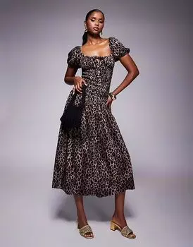 ASOS DESIGN жатое платье-футляр с присборенной талией, рукавами-фонариками, леопардовым принтом