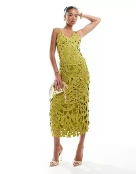 ASOS DESIGN – Желто-зеленое платье миди с ажурным декором