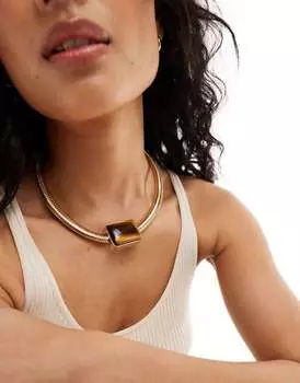 ASOS DESIGN — Золотая цепочка в виде змеи с настоящим полудрагоценным камнем «Тигровый глаз»