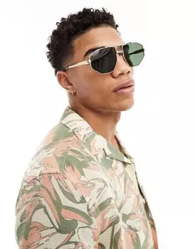 ASOS DESIGN — Золотые солнцезащитные очки-авиаторы Archive с зелеными линзами и цепочкой