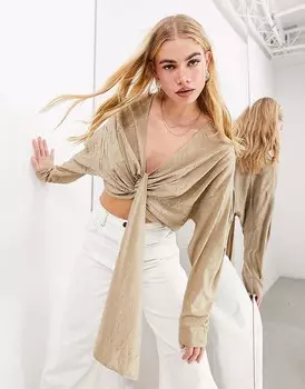 ASOS EDITION – Блузка темно-серого цвета с драпировкой спереди, укороченным кроем и фактурным эффектом