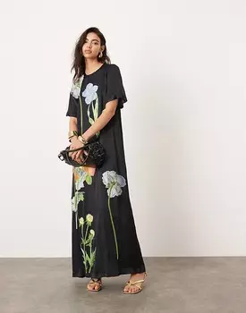 ASOS EDITION — черное атласное платье-футболка с вышитым цветочным узором