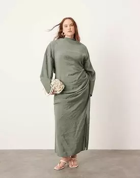 ASOS Edition Curve – Мягкое платье макси цвета хаки с высоким воротником, рюшами и вырезом на спине