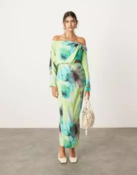 ASOS EDITION Платье макси с открытыми плечами, запахом, вырезом и крупным цветочным принтом