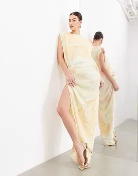 ASOS EDITION – Платье миди с драпировкой и пайетками, абстрактным принтом с завитками и открытой стороной