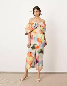 ASOS Edition Платье миди с открытым вырезом и галстуком-бабочкой с ярким цветочным узором
