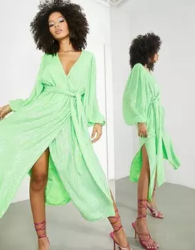 ASOS EDITION – Платье миди с запахом салатового цвета, с пайетками из стразов и рукавами-блузонами