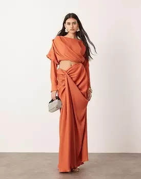 ASOS EDITION – Premium – Ржаво-красное платье макси свободного кроя со складками и длинными рукавами