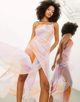 ASOS EDITION – Прозрачное драпированное платье макси с мраморным принтом нежных тонов и воротником-хомутом