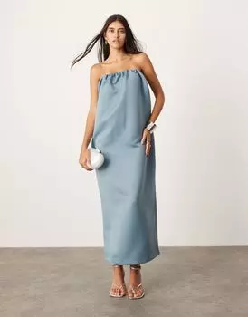 ASOS Edition – синее платье макси из плотного атласа с вырезом-бандо
