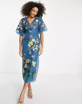 ASOS EDITION – Синее платье миди из органзы с цветочной вышивкой