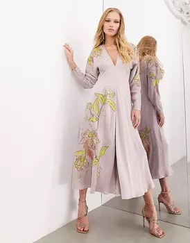 ASOS EDITION – Сиреневое атласное платье миди с длинными рукавами и цветочной вышивкой