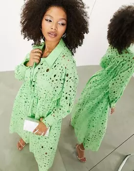 ASOS EDITION – Светло-зеленое платье-рубашка миди с длинными рукавами, кружевным узором и кулиской на талии