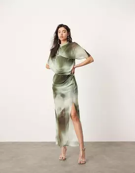 ASOS EDITION – зеленое платье миди с драпированным вырезом и растушеванным узором