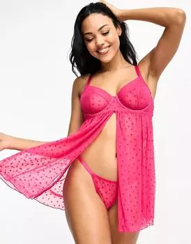 ASOS Комплект из розовых сетчатых стрингов с сердечками Fuller Bust Minnie на косточках и в стиле бебидолл