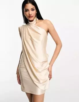 ASOS Короткое платье цвета камня с асимметричным вырезом, высокой драпировкой и воротником на спине