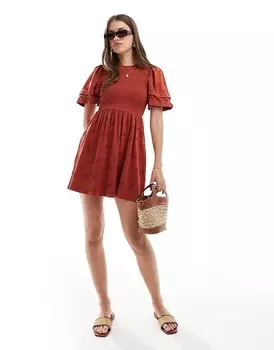 ASOS – Красное стираное мини-платье с рукавами-буфами и декоративной вышивкой
