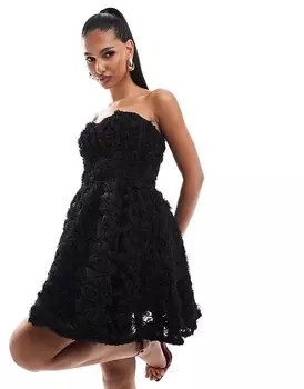 ASOS Luxe — черное мини-платье с плиссированной юбкой и объемным цветочным орнаментом