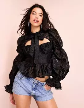 ASOS Luxe – черный кружевной топ с пышными рукавами и бантом