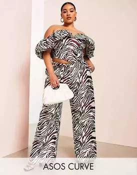 ASOS LUXE Curve атласные широкие брюки с зебровым принтом
