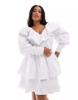 ASOS Luxe Curve – Белое многослойное джинсовое мини-платье с глубоким вырезом, рюшами и пуговицами с кристаллами