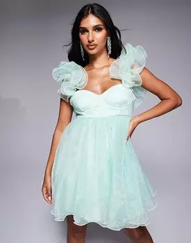 ASOS LUXE – Короткое приталенное платье из зеленой органзы в горошек с рюшами в стиле бэби-долл