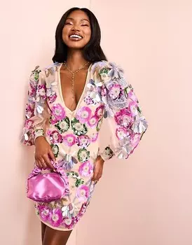 ASOS LUXE – Прозрачное мини-платье с треугольным вырезом и розовыми цветочными деталями