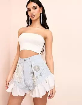 ASOS LUXE – Синие джинсовые шорты с украшением и низом из органзы