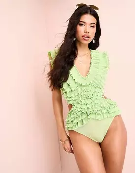 ASOS LUXE – Зеленый купальник с глубоким вырезом, рюшами и вырезами