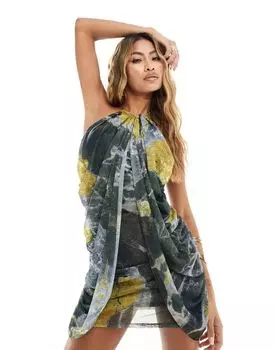 ASOS — Серое мини-платье из сетки с воротником-хомутом, пятнистым принтом и драпировкой