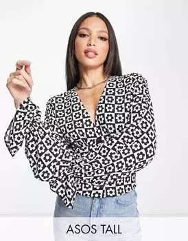 ASOS Высокая блузка с длинными рукавами и пуговицами спереди в цветочную клетку