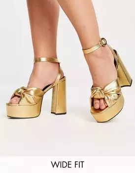 ASOS Wide Fit Золотистые босоножки на платформе с завязками Natia и широкой посадкой