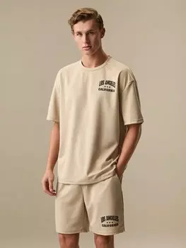 Ath Prep, Комплект Мужской подростковой одежды со свободными рукавами, буквенным принтом и шортами на шнурке, снова в школу Manfinity, абрикосовый