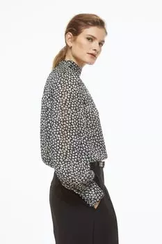 Атласная блуза с воротником-стойкой H&amp;M, черный/маленькие цветы