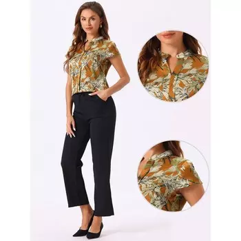 Атласная блузка для женщин, шелковистая рабочая блузка с воротником-стойкой и цветочным принтом, топ ALLEGRA K, черный